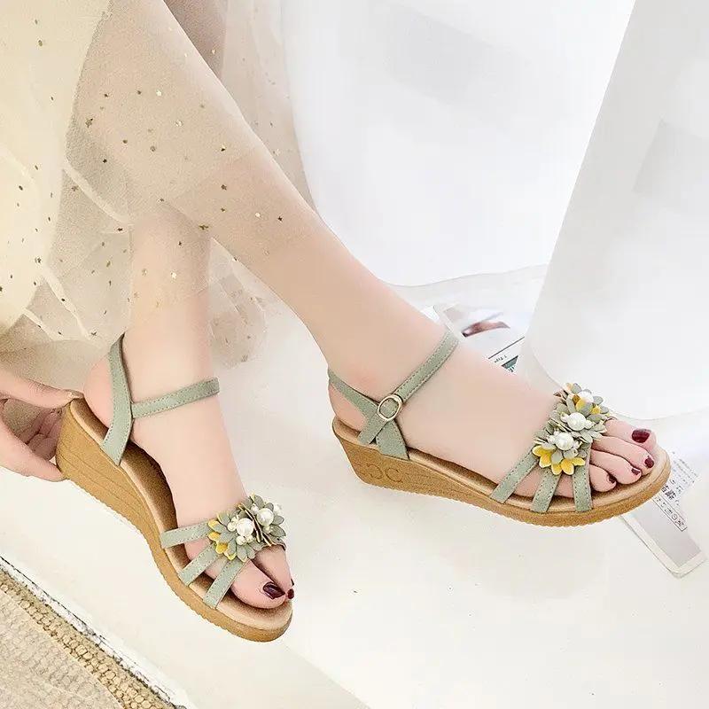 Wedges Heel Buckles Sandals for Women Ladies Shoes Summer 2025 Platform One Word Open Toe High Heels Footwear Pearl Asian Size F
