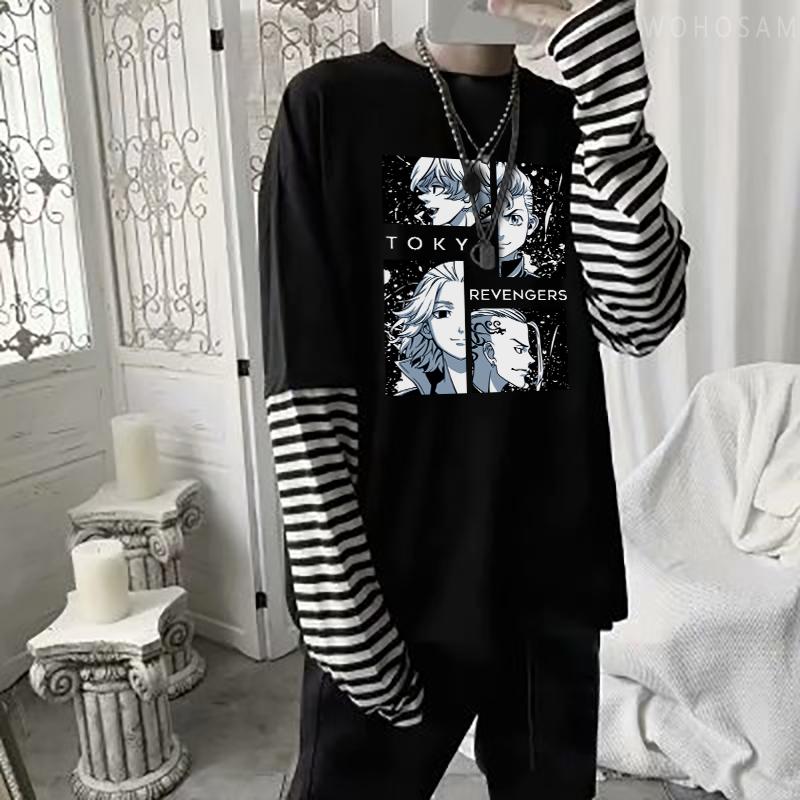 

Япония Аниме Токио Мстители Футболка с длинным рукавом Harajuku Cool Friends Манга Манджиру Сано Мужская мода Негабаритная осенняя полосатая футболка L красно-коричневый
