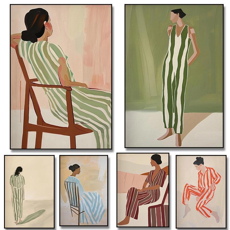 

Abstract Sage Green Woman in Stripes Canvas Painting Trendy Minimalist Wall Art Poster for Living Room Home Decor Cuadros 21cm×30cm NoFrame