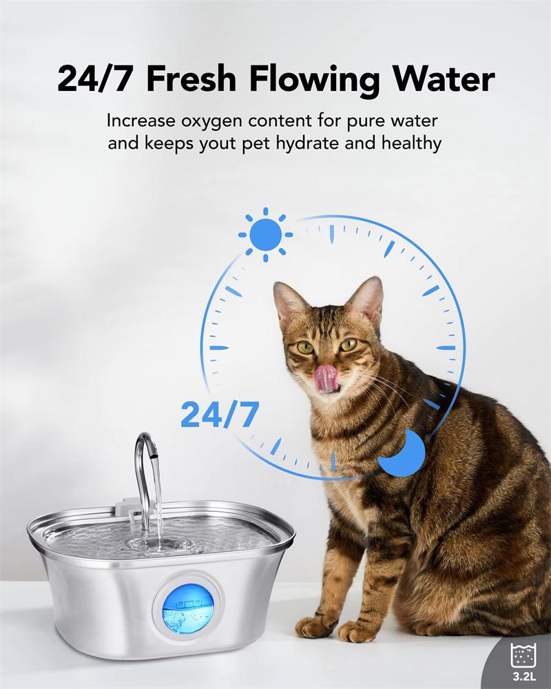 CE 3.2L 108oz Stainless Steel Boat Type Water Fountain with Level Window USB Dog Pet Dispenser