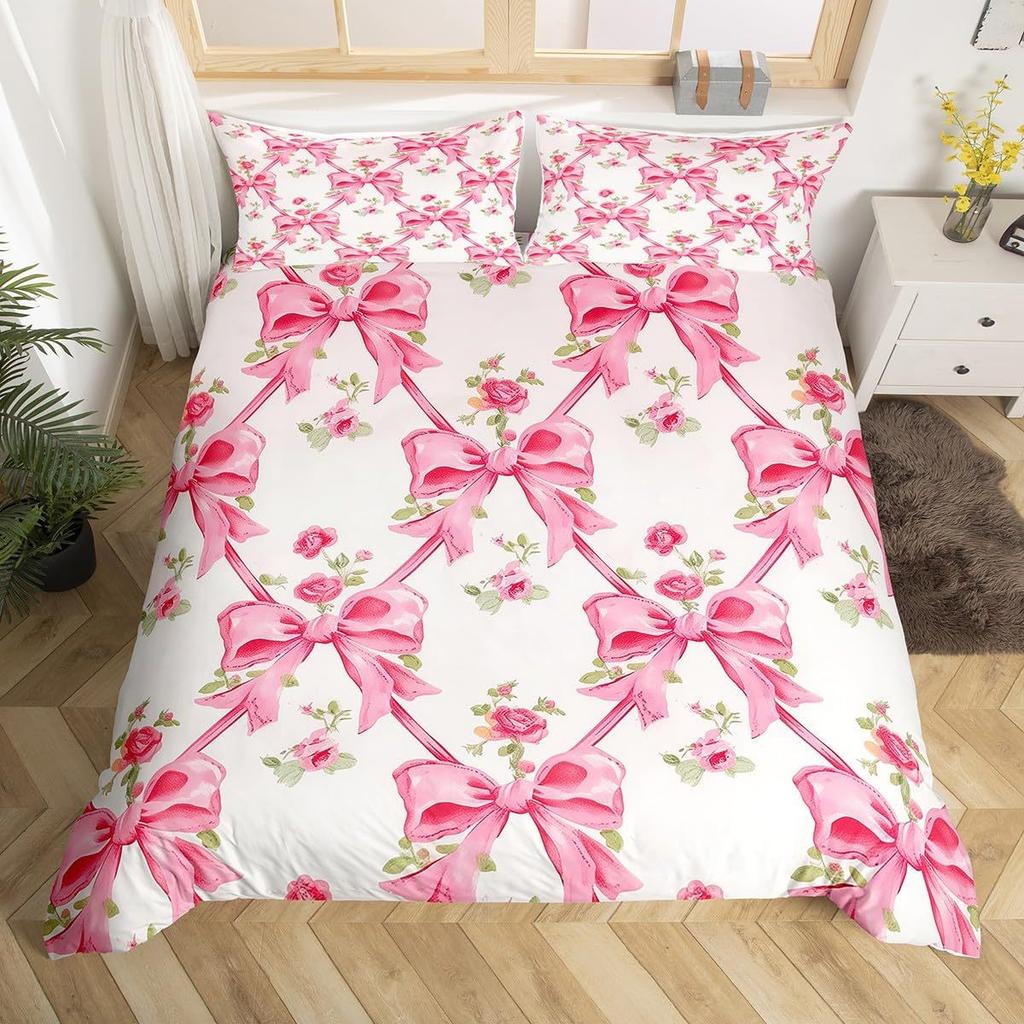 Pink Bow Duvet Cover Set For Kids Adults Girls Dreamy Princess Style Bedding Set Kawaii Bowknot Comforter Cover With Pillowcases