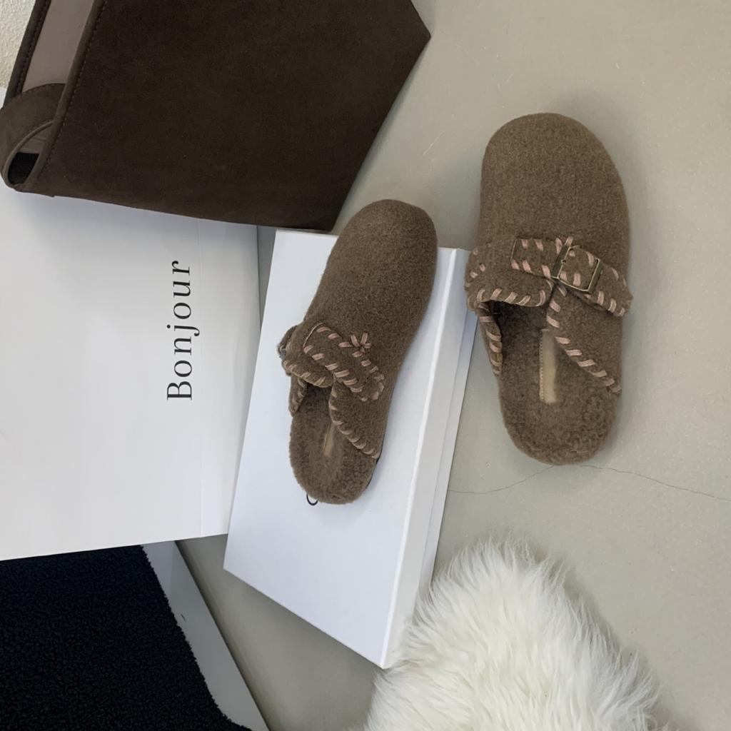 2025 autumn and winter new round-headed woolen one-word with plush warm thick-soled Mary Jane Doudou half-drag women's single shoes