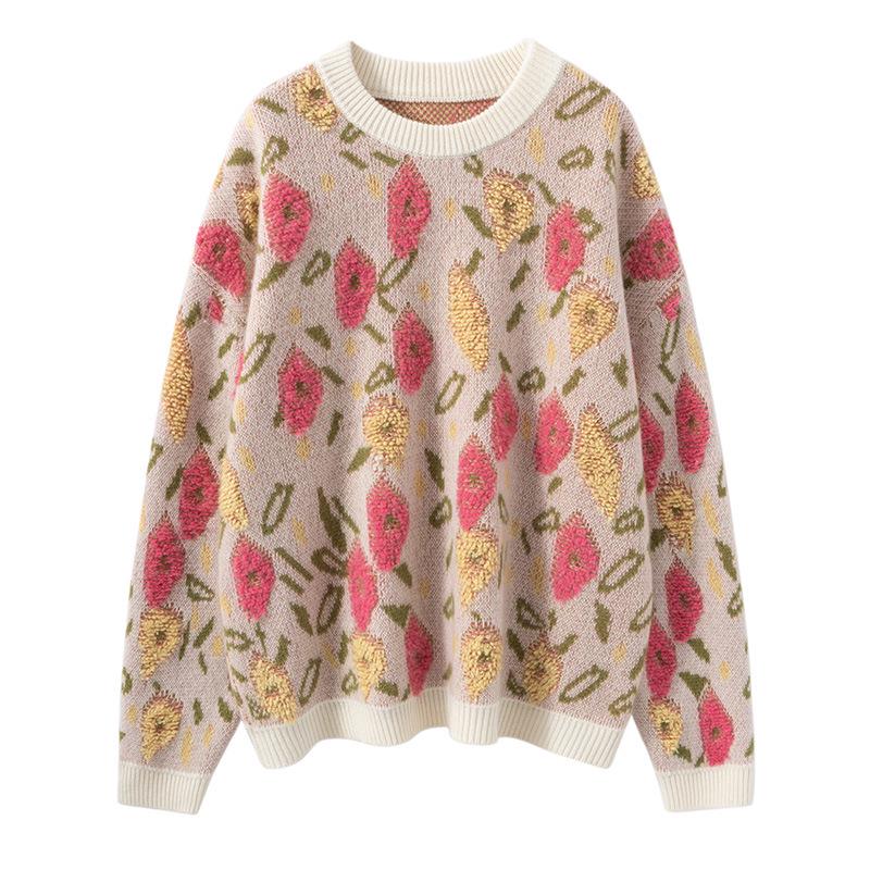 Cashmere Peach Blossom Jacquard Heavy Brushed Sweater, Round Neck, Loose Fit, Thick Wool.