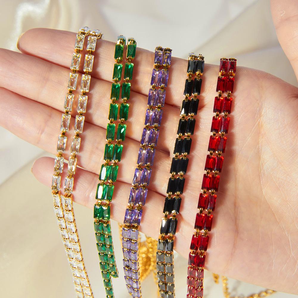 Korean Luxury Titanium Steel Necklace with Colorful Rectangular Zircon Gems, 2024 Edition