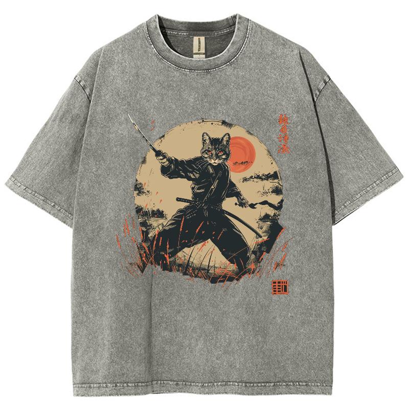 Japanese Women's T-shirt Summer Short Sleeve Washed Denim Stretch Fabric Samurai Cat Print Top Retro Wear Men