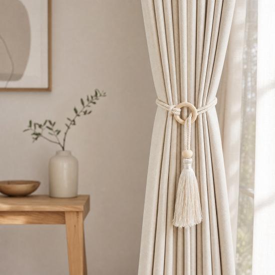 Wooden Ring Tassels Curtain Tieback, Adjustable Window Curtain Holders Ties Backs, No Drill Drape Curtain Holdbacks for Home Bedroom Decor
