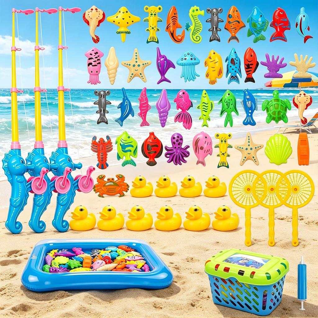 Funk Doggie Magnetic Fishing Toy, Water Play Bath Toy, Fishing Game for Pool, with Fishing Rod and Net, Storage Case, 73-Piece Set, Popular with Boys