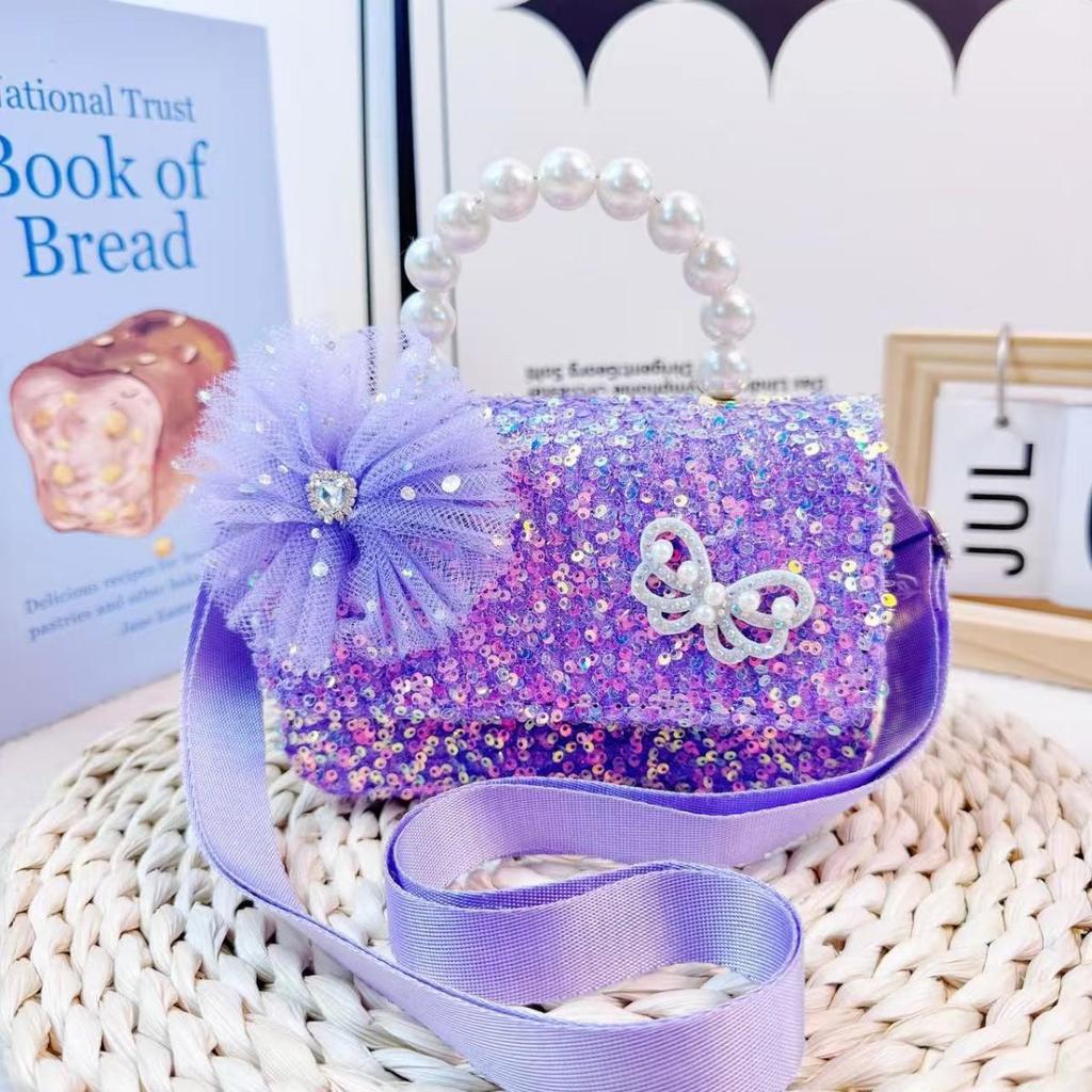 Dětská taška přes rameno v korejském stylu s mašlí & flitry s perleťovým a křišťálovým záplatou