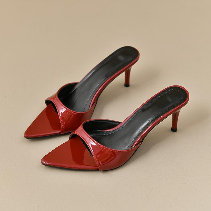 Fashion Patent Leather Sandals and Slippers Women's Fashion and Versatile Summer New Pointed Toe Stipple Heel Outward Wear High Heels