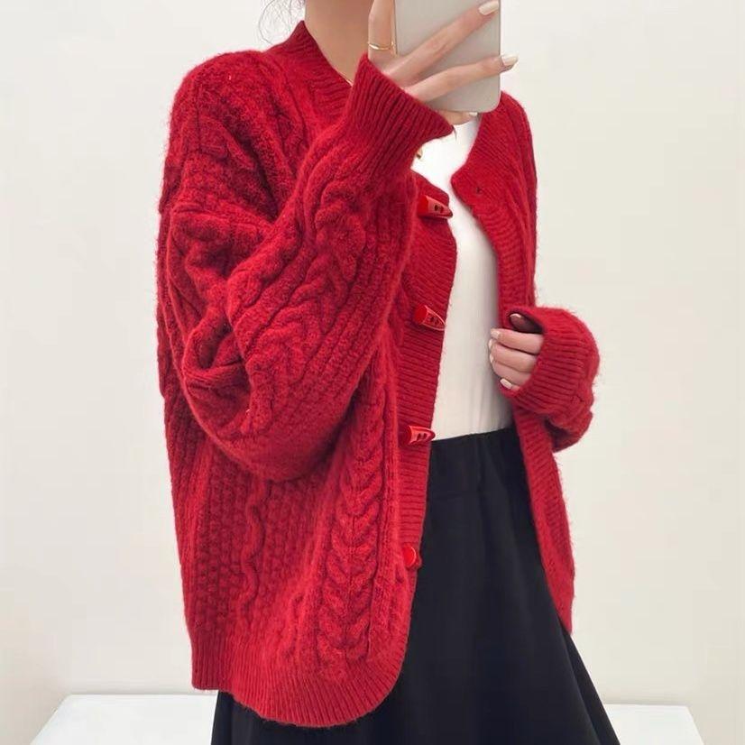 Horn Button Cable Knit Cardigan Autumn Winter Coat Short Lazy Round Neck Loose Sweater Top
