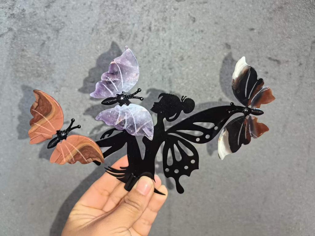 Reiki Healing Gemstones Natural Crystal Butterfly Fairy Figurine Metal Stand Handcrafted for Gift Decoration