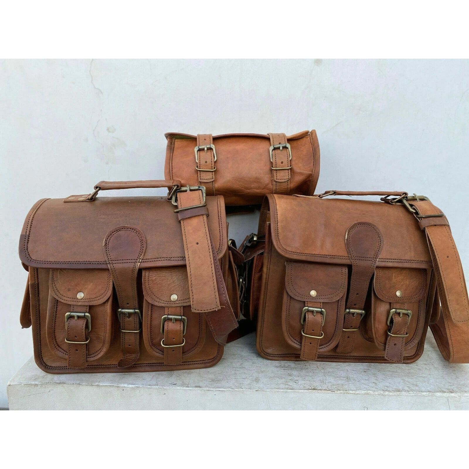 

Leather Side Saddle 3 Pair 2 Bags (1 Bga Pouch) Panniers Bag Motorcycle Side Pouch