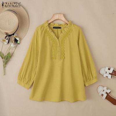 Damen Spitzen-Häkel-Patchwork V-Ausschnitt Lässige Langarmbluse