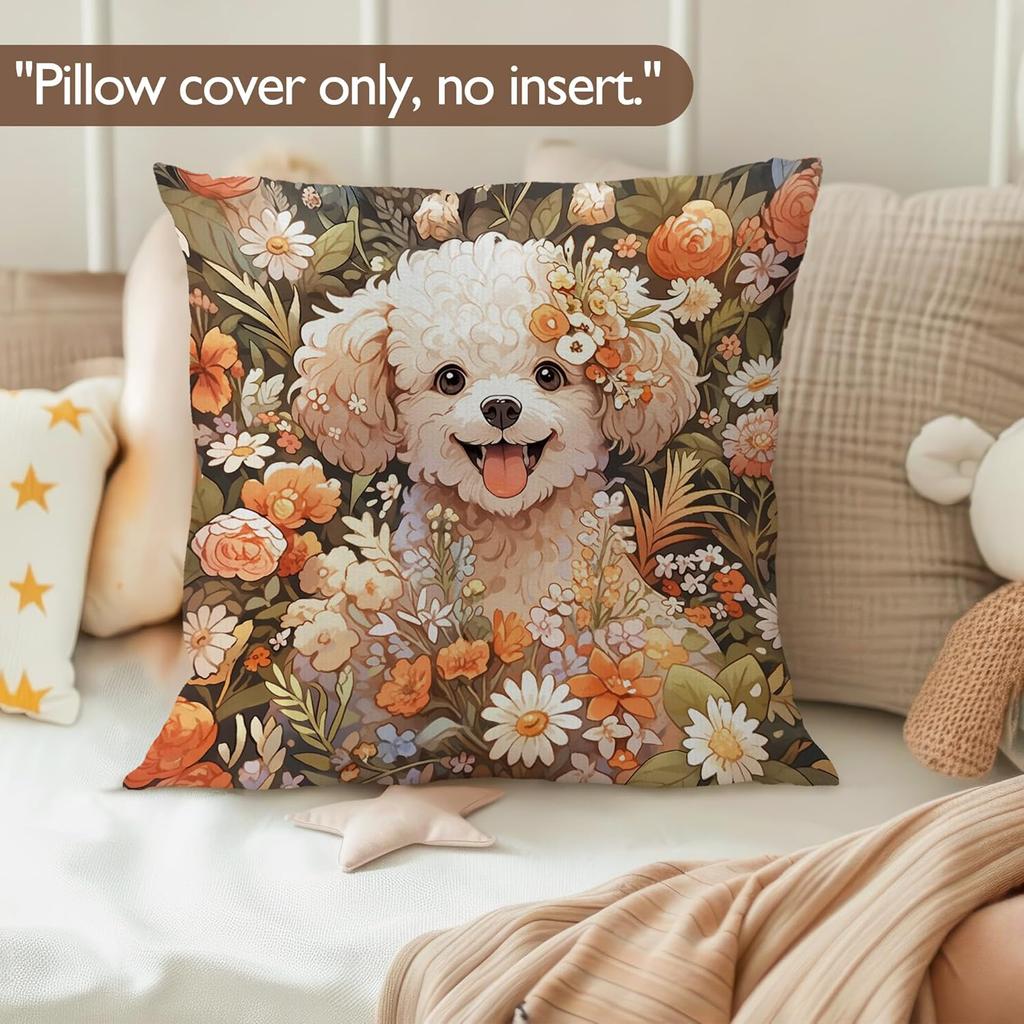 Bichon Frise Pillow Covers 18x18 inches, Vintage Floral Dog Throw Pillow Covers, Gifts for Dog Lover, Farmhouse Botanical Style Decorative