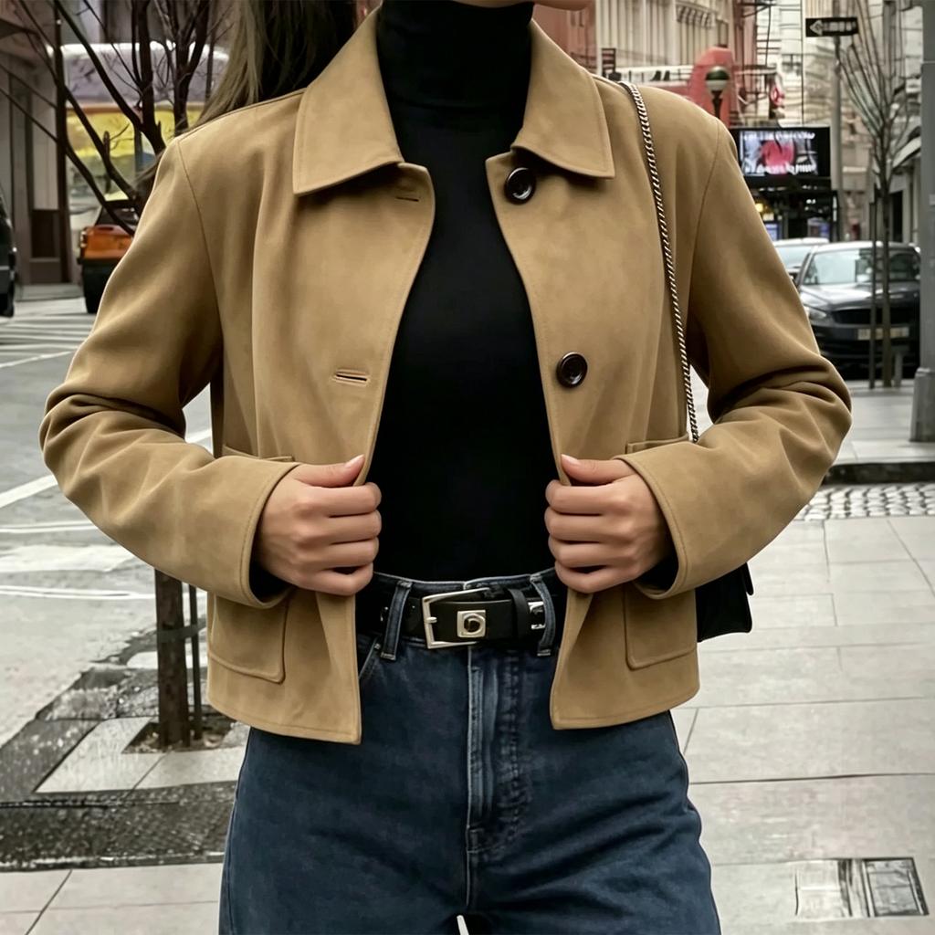 Women's Casual Button Down Jacket, Color Lapel Collar Long Sleeve Coat with Pockets for Everyday Wear