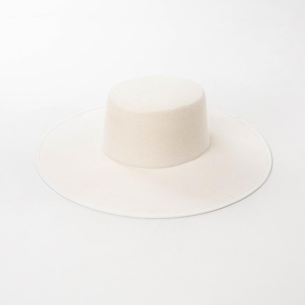 Spring and Autumn Fashion Retro British Ribbon Hemming Flat Top Big Brim Wool Felt Hat Top Hat Big Brim Wide Brim Cold Protection
