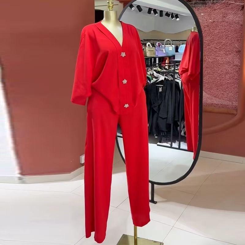 

Fashion Wind New Arrival V-neck Shirt High Waist Straight Pants Two-piece Set V-Neck Shirt and Pants Set Red S