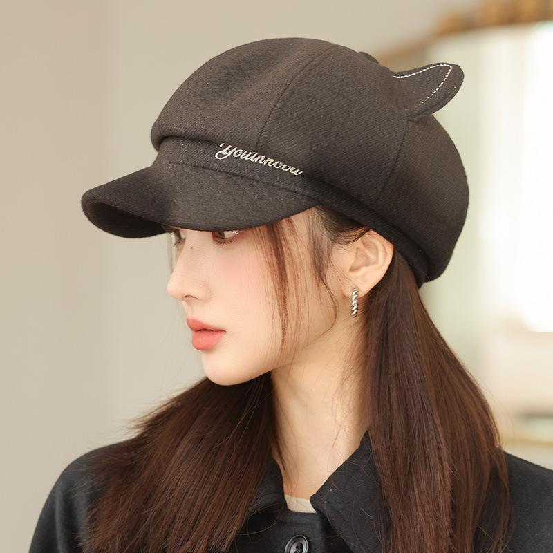 

Autumn and winter hat women s British retro octagonal hat big head circumference showing face small beret versatile cat ear cap One Size