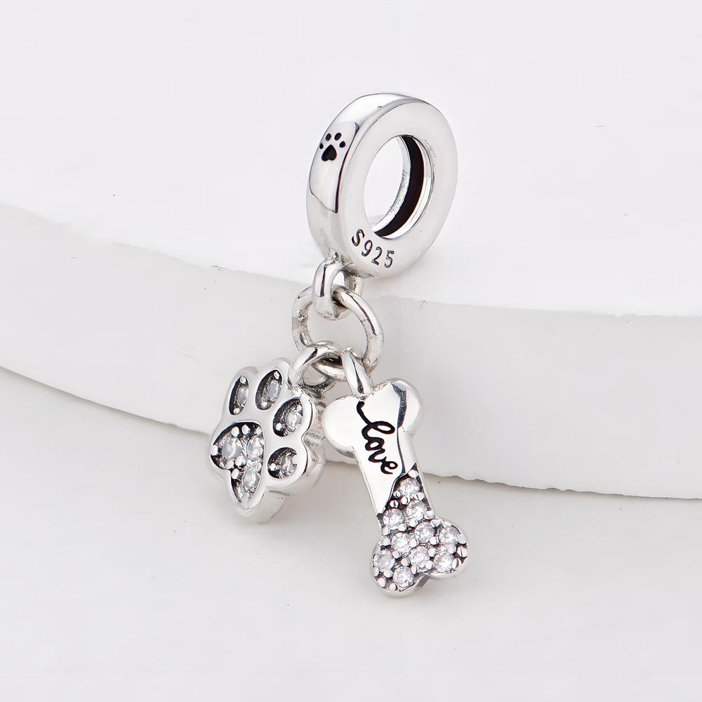 S925 Silver Pet Theme DIY Jewelry Accessories Zircon Paw Print And Bone Dual Pendant Bracelet Necklace Beads