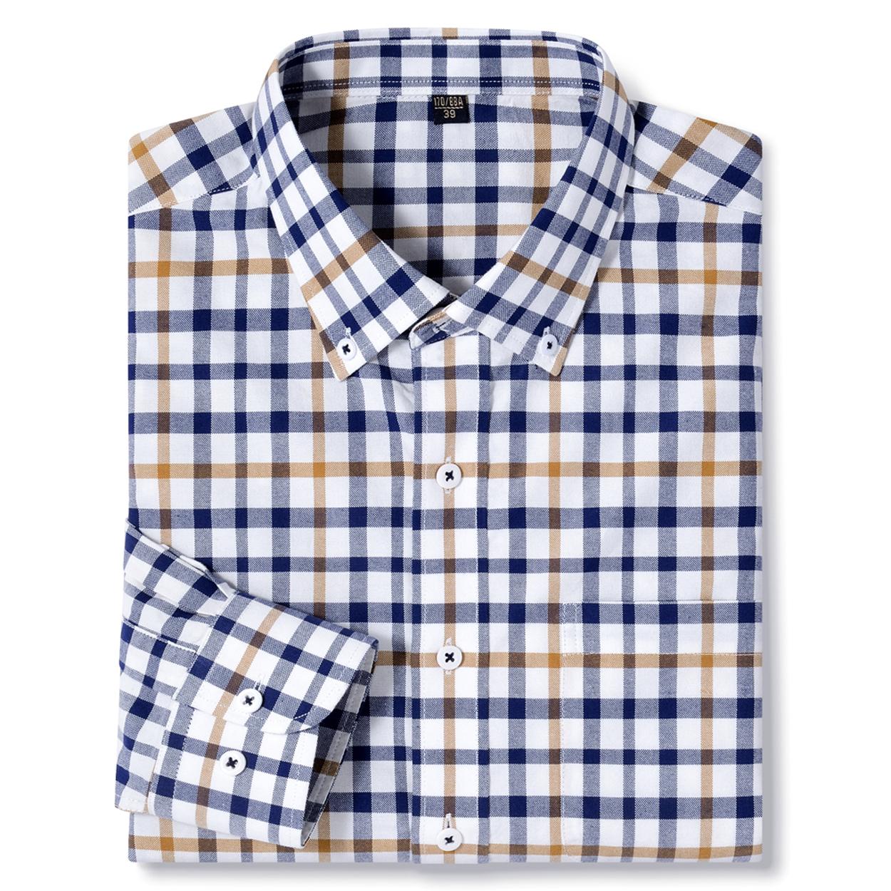 

Чоловіча картата приталена сорочка з довгим рукавом на ґудзиках з кишенею, комфортна бавовна 100%, ділова робоча повсякденна сорочка в клітинку гінгем 45