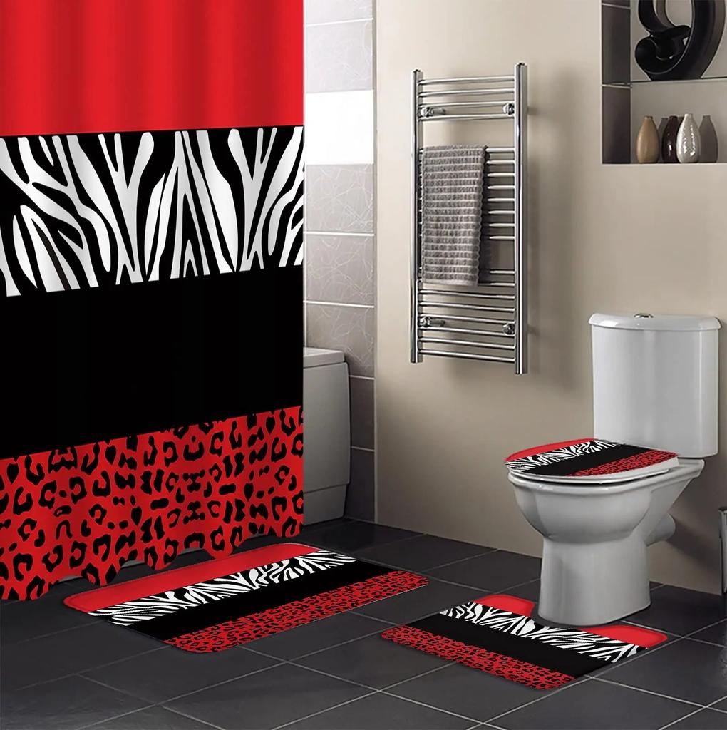 Red Rose Stripe Flowers Bathroom Shower Curtain Set Waterproof Polyester Washable Non-Slip Bath Mat Rugs Carpet Toilet Lid Cover