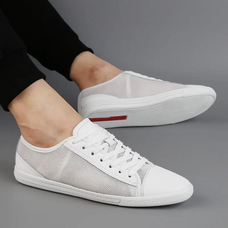 Fashion Lightweight Genuine Leather Men's Flats shoes Leisure Trend Korean Version Solid black White summer breathable Men Casual Shoes