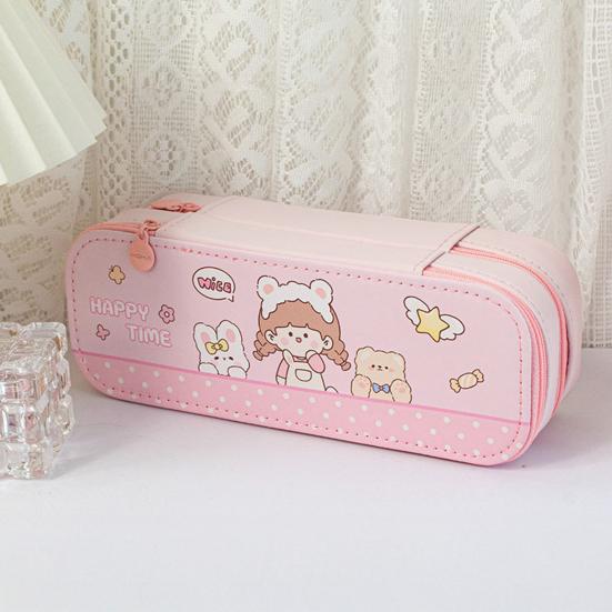 Dual-Layer Pencil Case Faux Leather Cute Stationery Bag Large Capacity Portable Pen Pouch for School Office Supplies