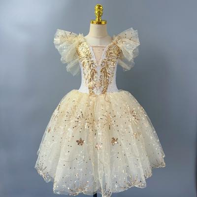 Romantisches Kinder Ballett Tutu Kleid Mädchen Tanzrock Gold Pailletten Ballettrock Ballett Aufführungskleidung Langes Prinzessinnenkleid