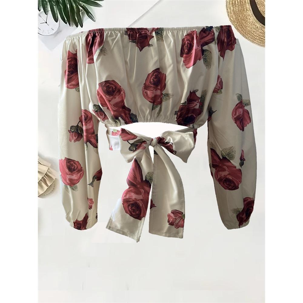 Women's long sleeves off-shoulder one-length neck lantern sleeve printed shirt