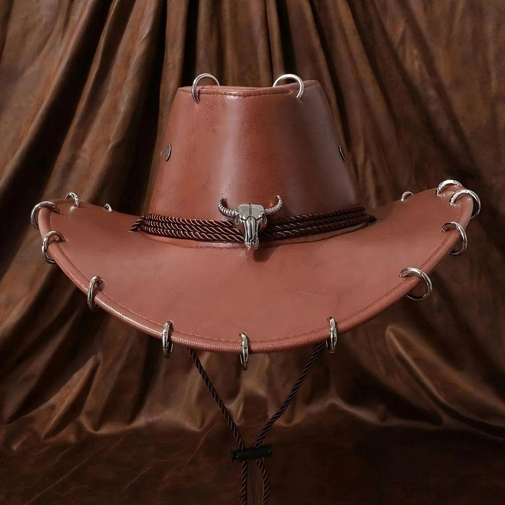 Shadow Hat Wide Brim Western Cowboy Hat Solid Color Pu Leather Panama Cap Ethnic Style Punk Jazz Hat Climbing