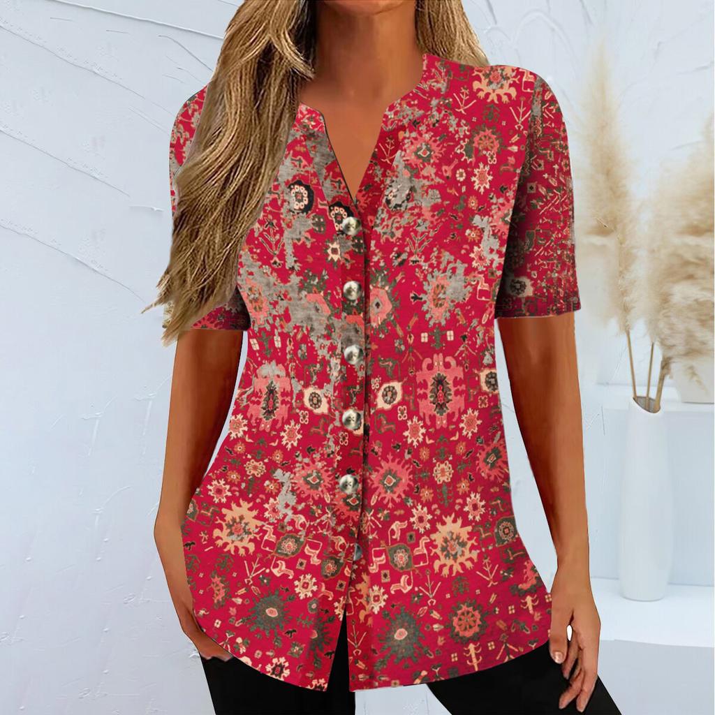 QICED Spring Summer Women's Cardigan Ethnic Print Short-sleeved T-shirt Woman