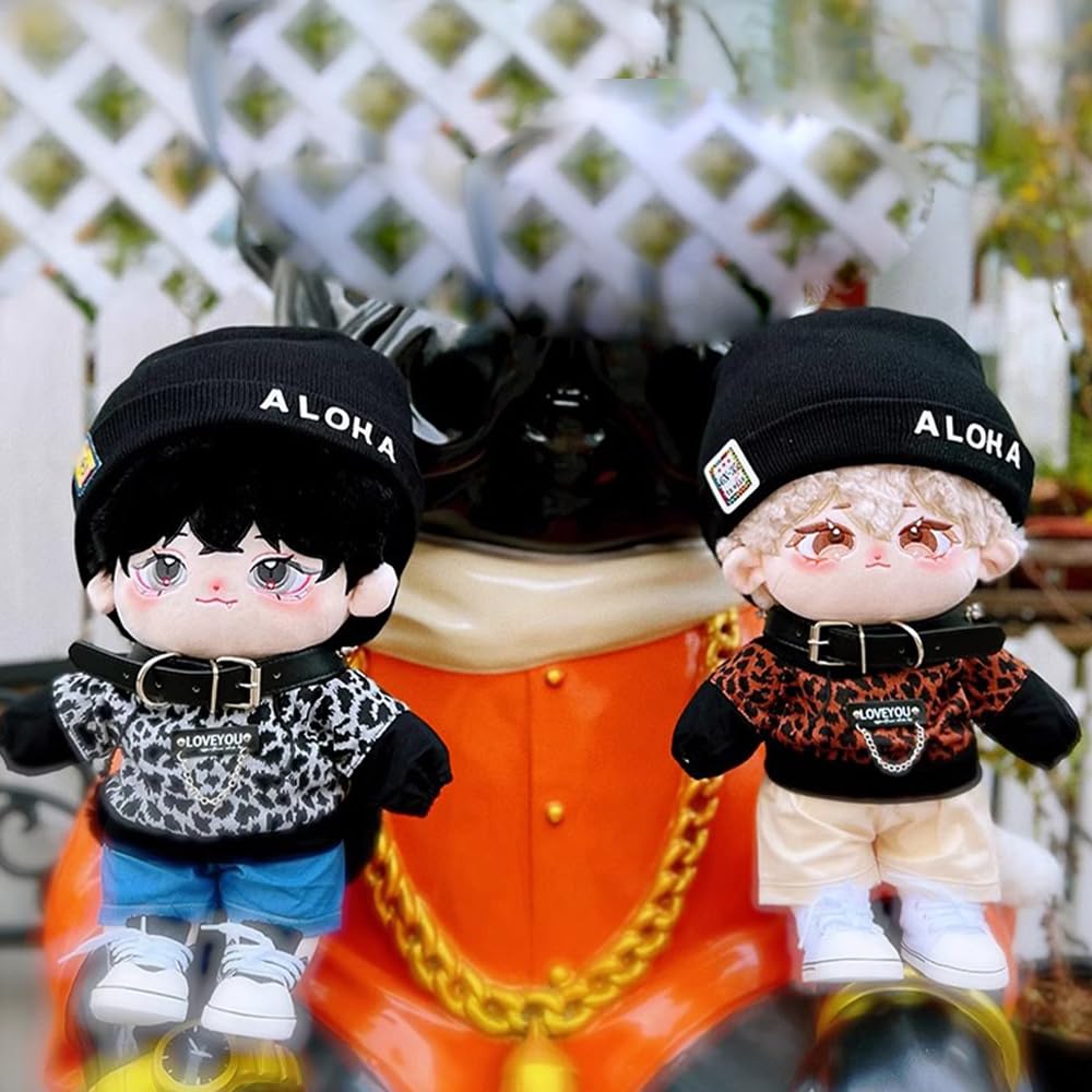 Niannyyhouse 40cm Plush Toy with Leopard Print Stretch Canvas and Accessories Suit, Hat, Hoodie, Shorts, Shoes, (Black)