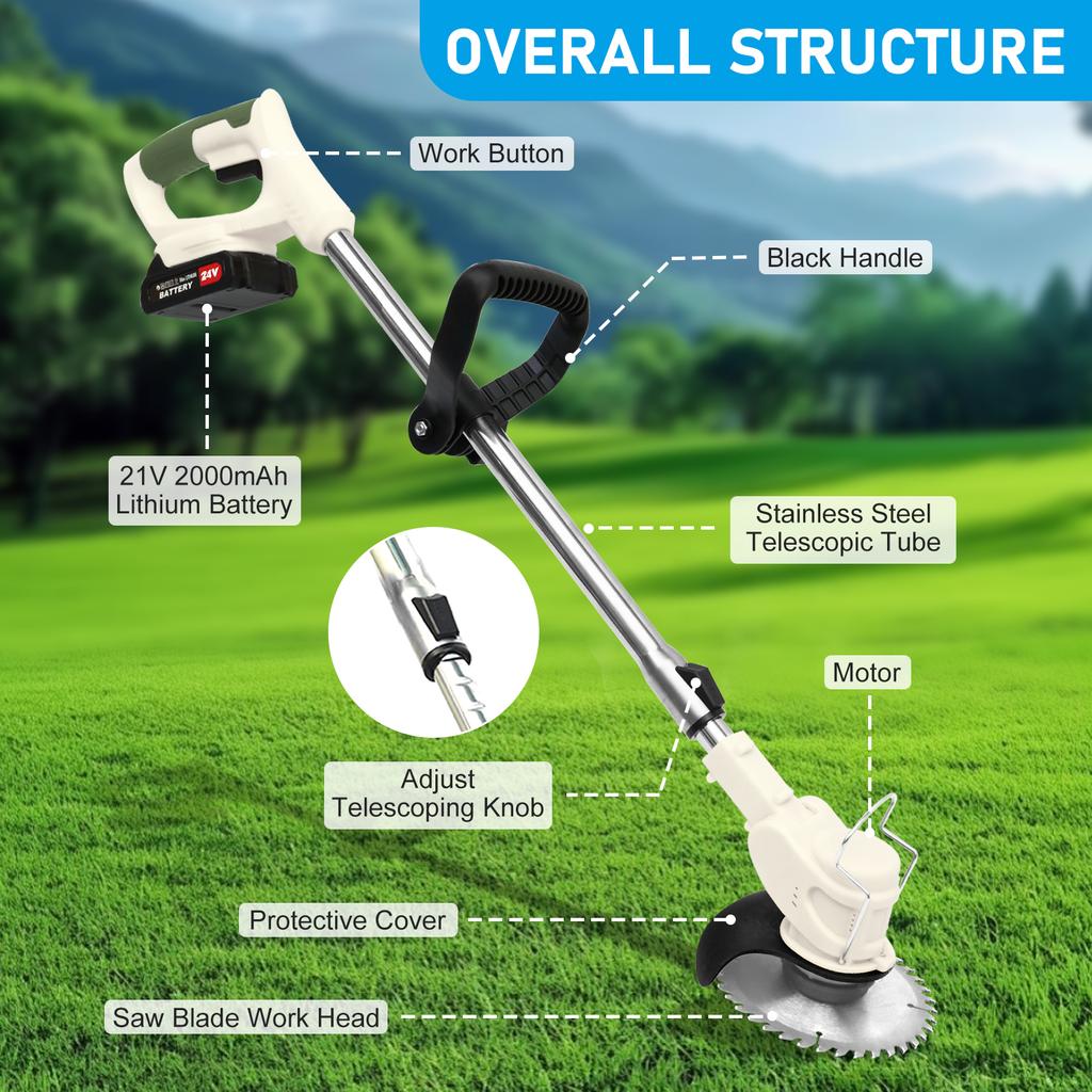 21V Cordless Grass Trimmer Electric 3-in-1 Lightweight with 2x2.0Ah Lithium-ion Batteries Charger Lawn Mower Edger Brush Cutter