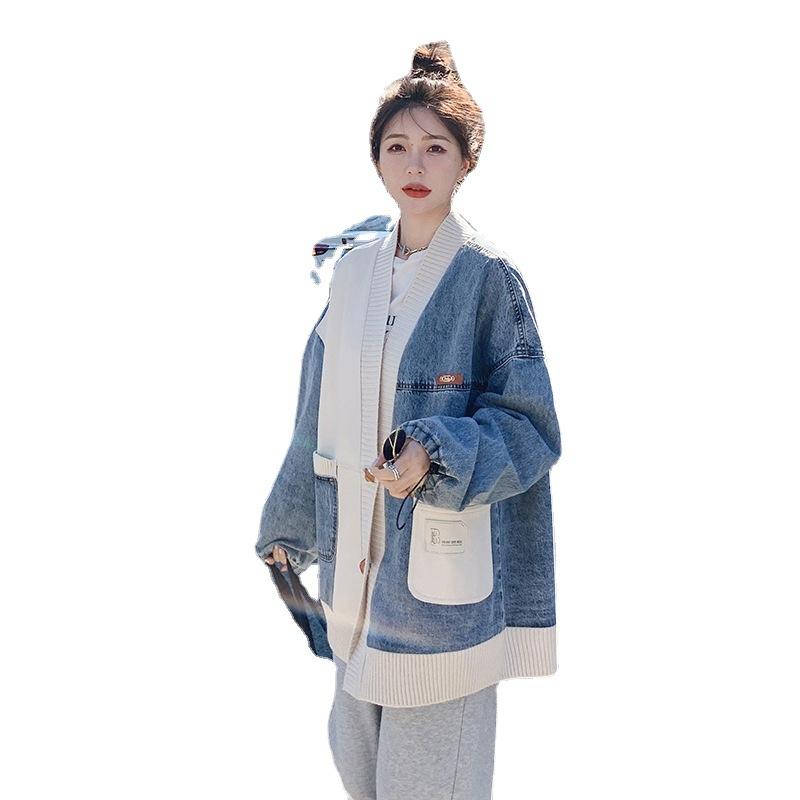Women's Small Fragrance Contrast Color Denim Jacket Women's Spring Korean Style Loose Knitted Cardigan Jacket for Small People