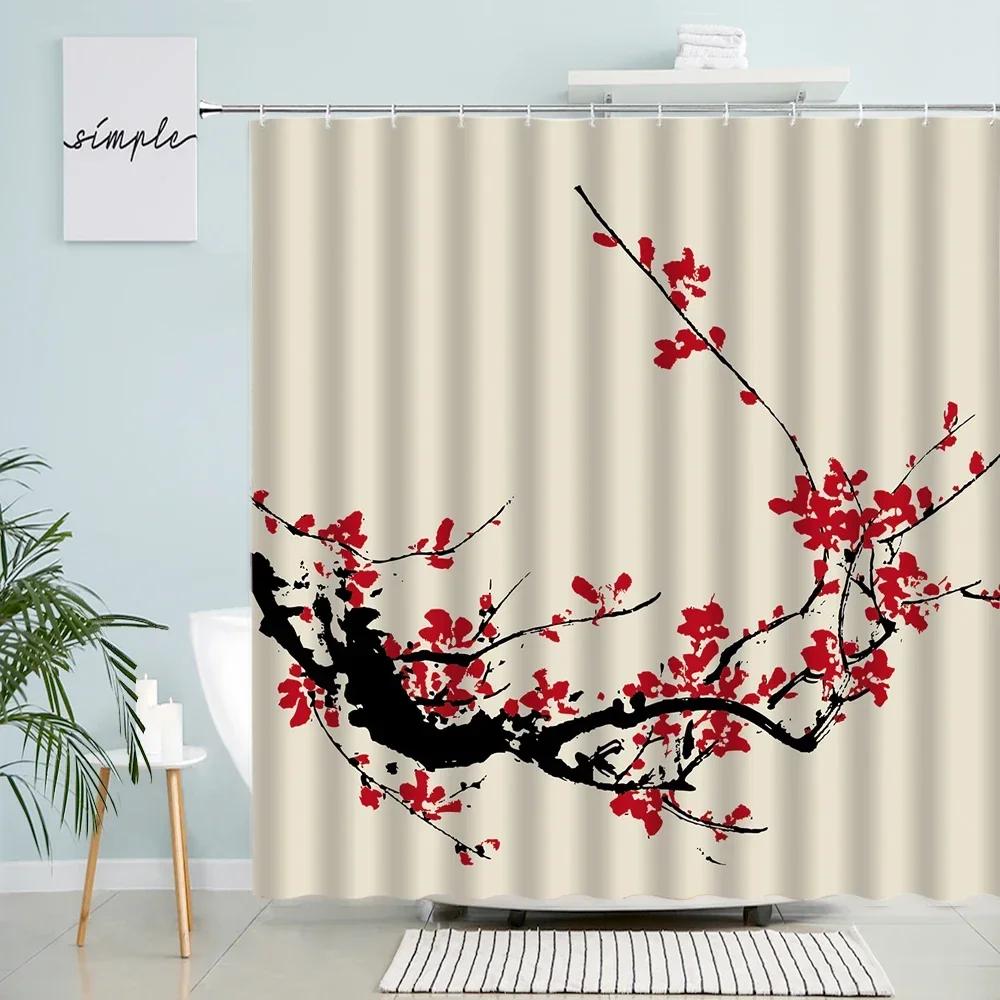 Chinese Ink Landscape Shower Curtain Japanese Cherry Blossom Watercolor Mountain Natural Scenery Waterproof Cloth Bathroom Decor