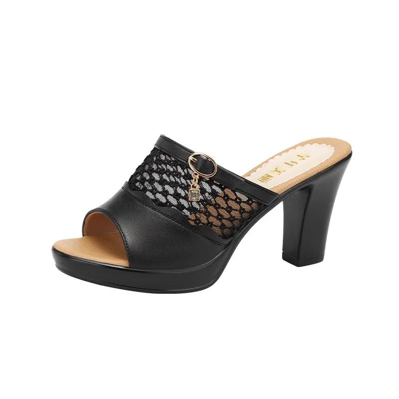 8cm 10cm Small Size 32-43 Cutout Mesh Leather Slippers Women Platform Shoes 2025 Summer Block High Heels Slides for Office MOdel