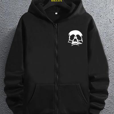Fashionable Cartoon Skull Print Zip Up Hoodie with Kangaroo Pocket, Long Sleeve Loose Fit Casual Top for Men, Autumn Winter Wear