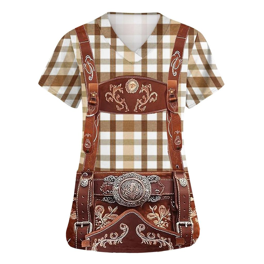Women's V Neck Short Sleeve Work Shirt with Pocket Oktoberfest Print Top for Caregivers and Service Staff Comfortable Fit