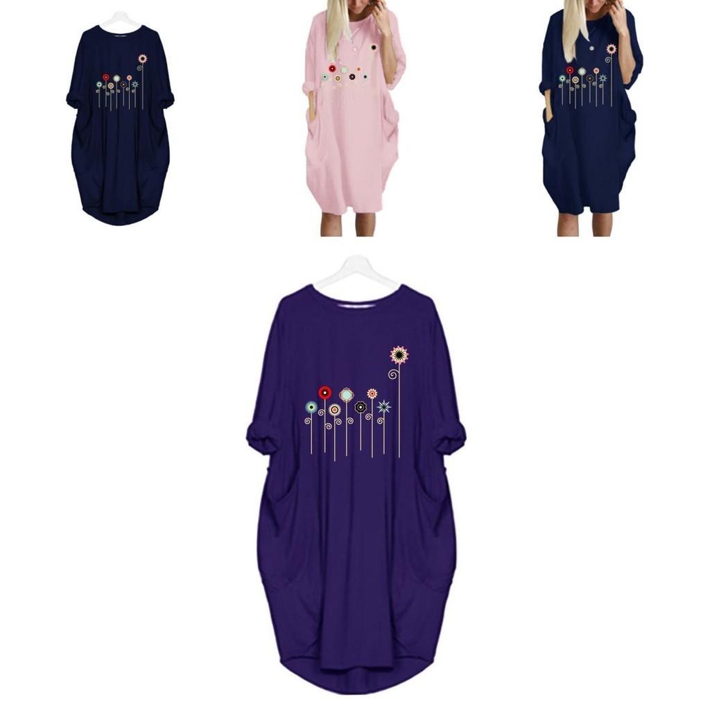 Women Dress Pullover Stylish Loose Fit Short Sleeve Casual Dress With Pocket