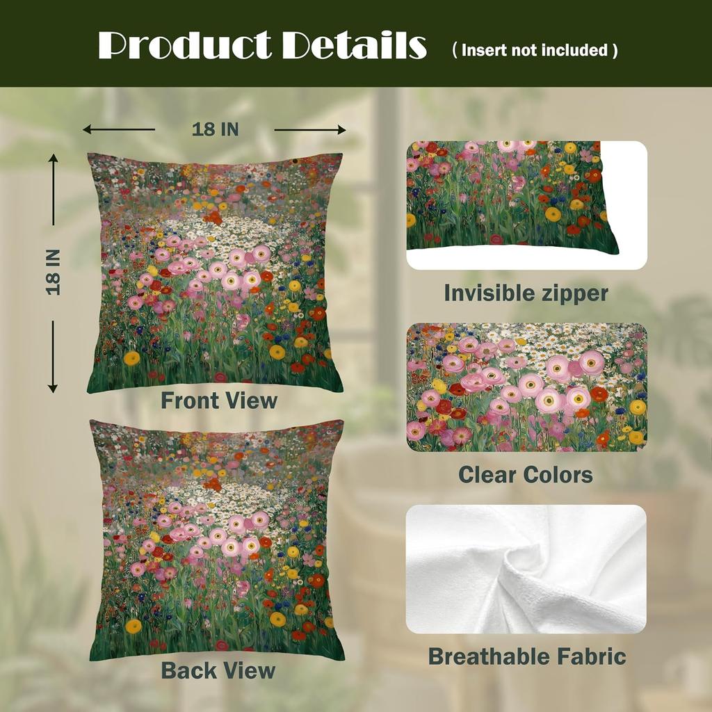 Boho Wildflower Meadow Floral Print Pillowcase 18x18 Inch Cottagecore Garden Art Throw Pillow Cover for Bed and Home Decor