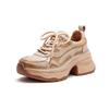 Women's Genuine Leather Round Toe Lace Up Chunky Heel Retro Casual Shoes Comfortable Thick Sole Walking Sneakers