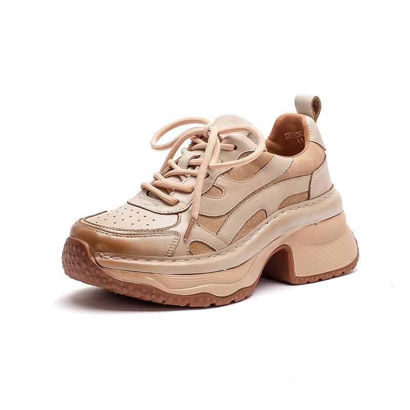 Women's Genuine Leather Round Toe Lace Up Chunky Heel Retro Casual Shoes Comfortable Thick Sole Walking Sneakers