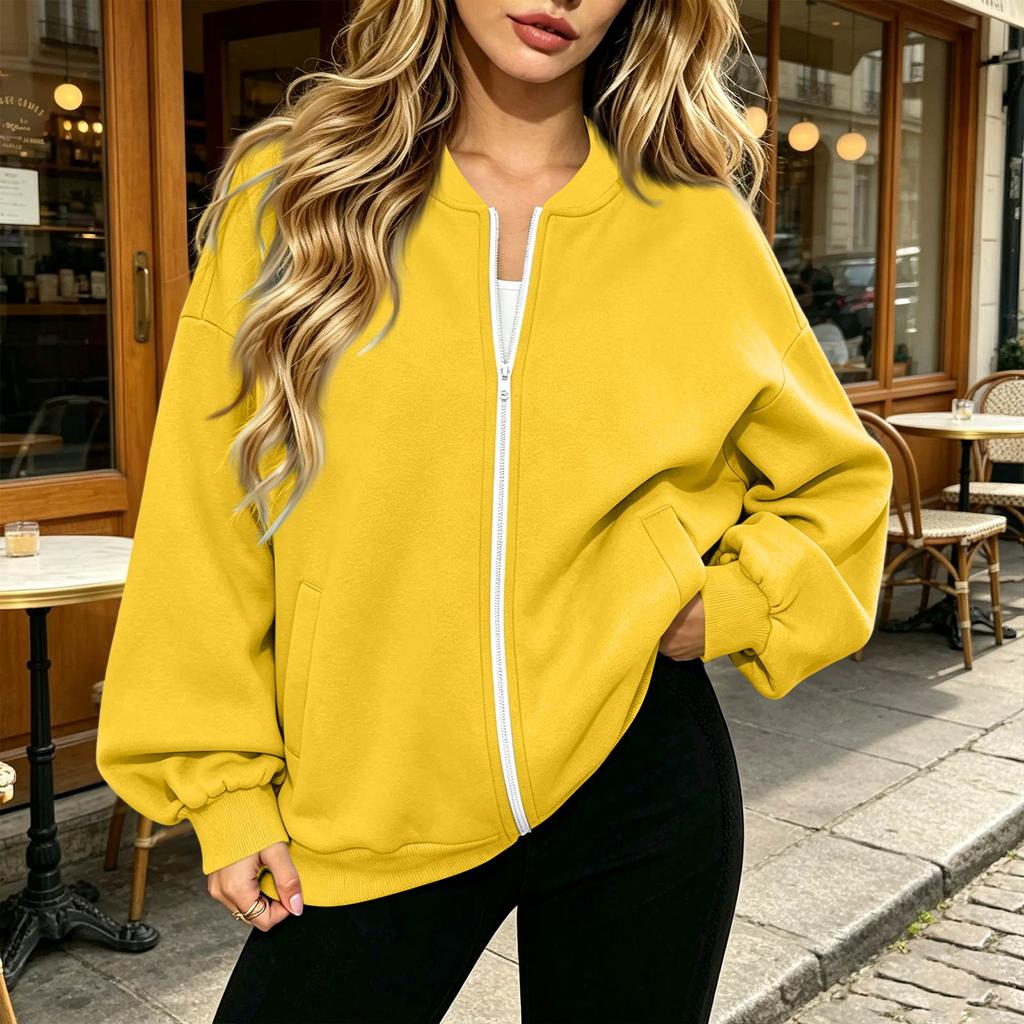 Women's Fashion Long Sleeve V-Neck Loose Fit Zip Up Jacket