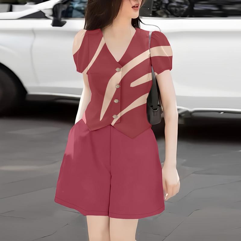 

ZANZEA Женский летний комплект из двух частей: блузка с коротким рукавом и шорты с принтом 4XL розовый