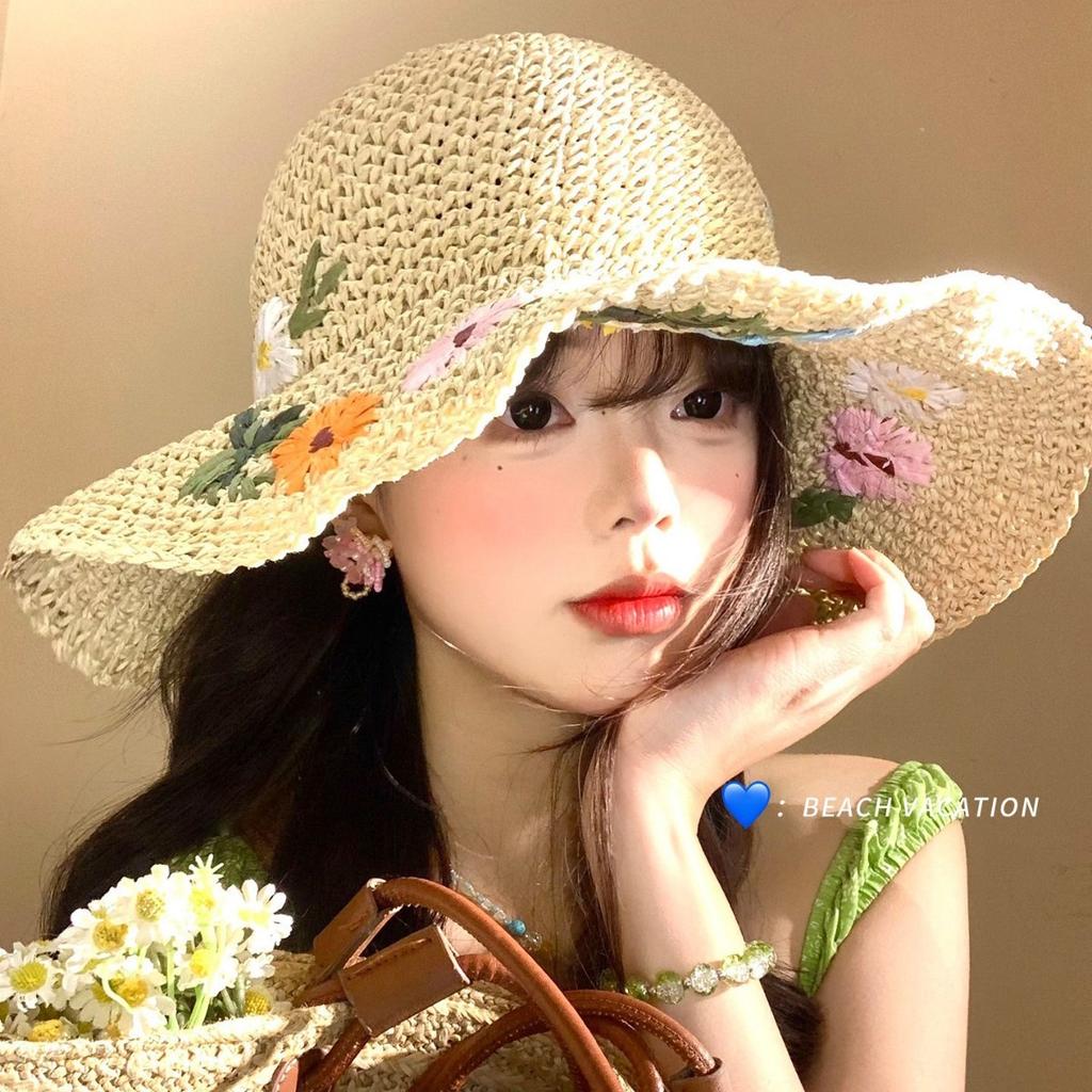 Flower straw bucket hat women's summer seaside beach vacation wind straw hat big brim sunshade sun hat