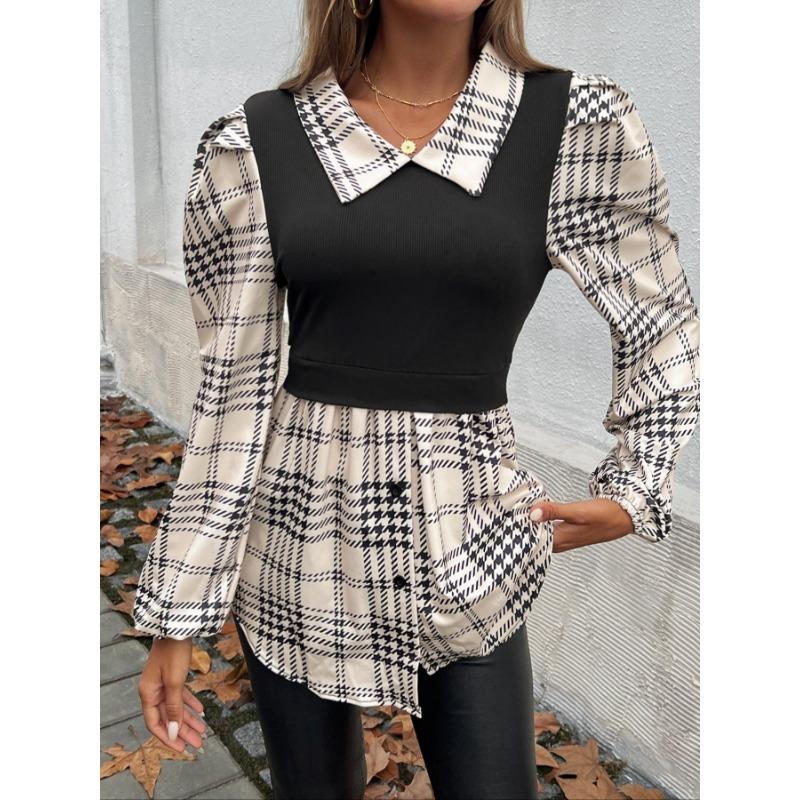 Women's Blouse Bubble Sleeve Temperament Casual Colorblocking Blouse