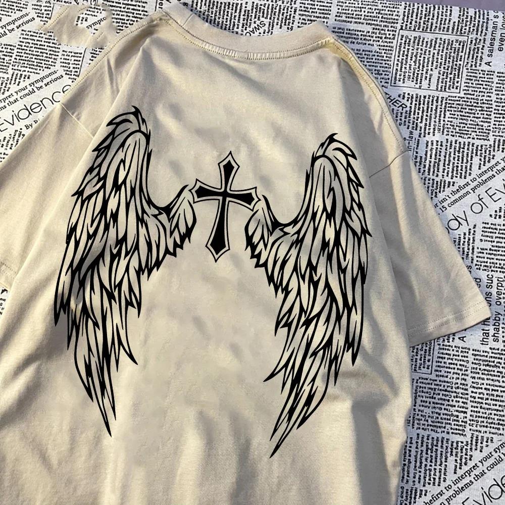 Casual Womens T-Shirts Cross Body and Flying Wings Funny Prints Short Sleeve O-Neck Soft Fashion Female Clothes