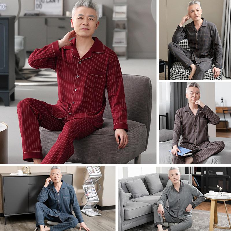 Men's pure cotton pajamas Dad's long-sleeved loungewear for the elderly Men's spring, autumn and winter red natal year suit