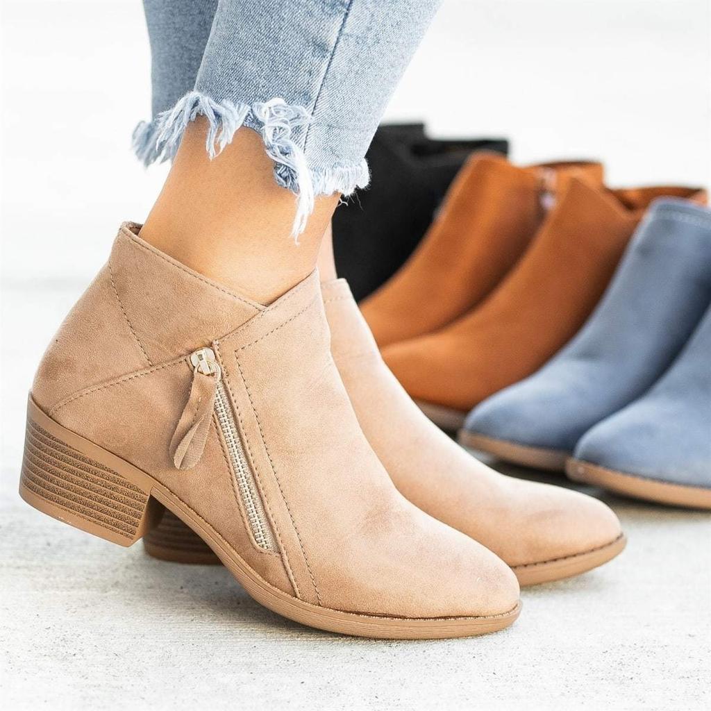 Women's Shoes, Women's Boots, Suede, Round Toe, Side Zipper, Thick Heel, Leather Boots, Women's Short Boots