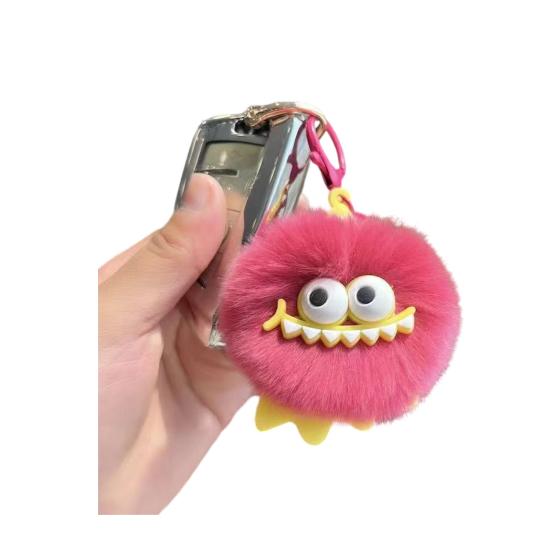 Monster-Inspired Plush Keychain Soft Fuzzy Fur Ball with Big Eyes & Teeth Eye-catching Bag Charm for Keys Backpacks Fun Gift for Teens & Adults